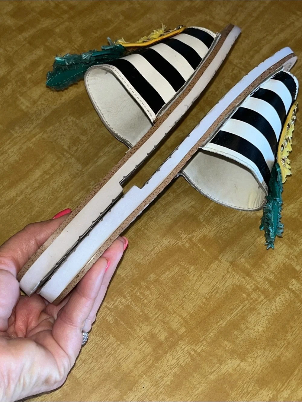 kate spade Black & White Stripe Pineapple Slide Sandals with Teal Leaves